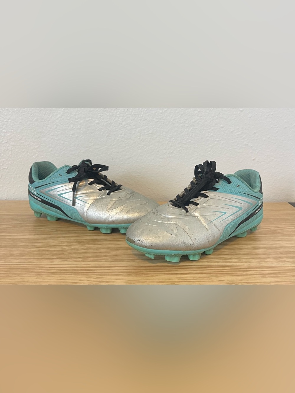 DSG Silver and Mint Youth Soccer Cleats with Black Laces
